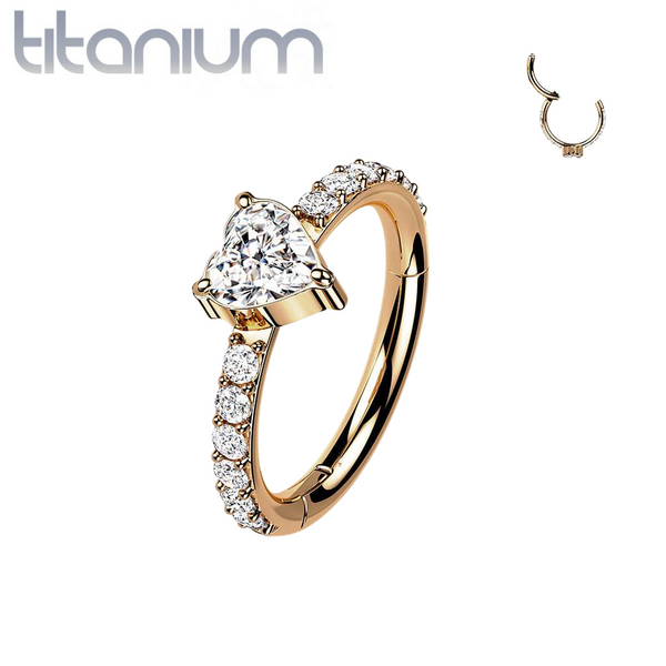Implant Grade Titanium Rose Gold PVD White CZ With Heart Shaped Center Hinged Clicker Hoop - Pierced Universe