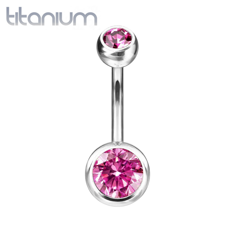 Implant Grade Titanium Double Ball Pink CZ Gem Belly Ring - Pierced Universe