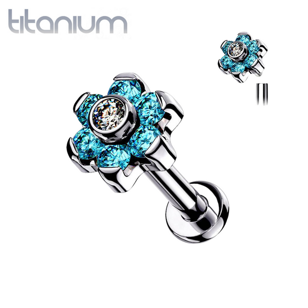 Implant Grade Titanium Internally Threaded Aqua CZ Flower Flat Back - Pierced Universe