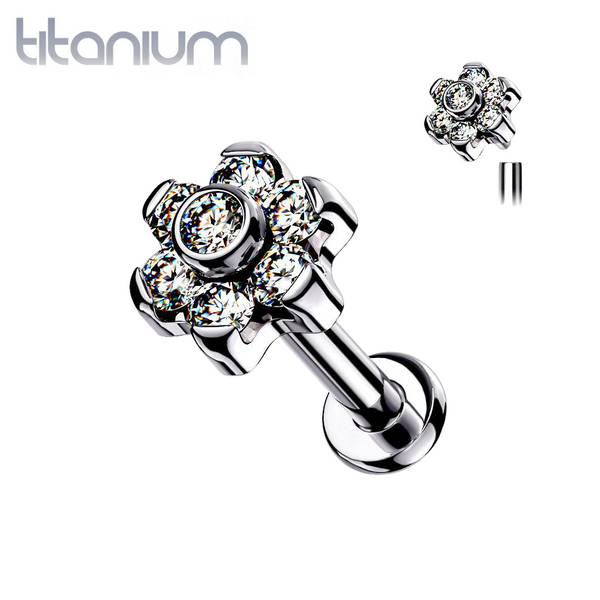 Implant Grade Titanium Internally Threaded White CZ Flower Flat Back - Pierced Universe