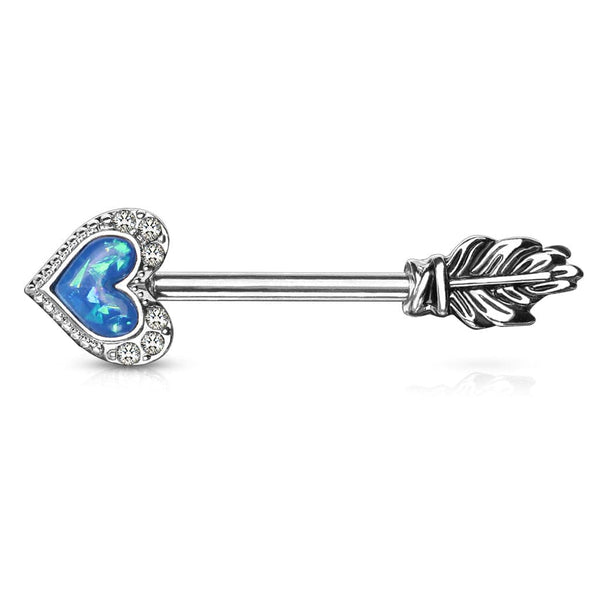 Blue Opal Heart & Feather Arrow Surgical Steel Nipple Ring Barbell - Pierced Universe