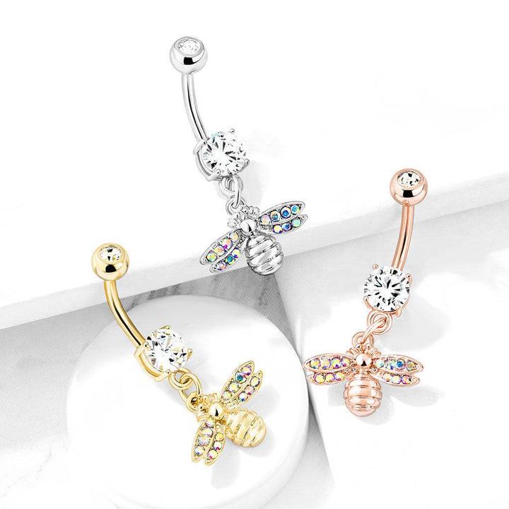 Cute Small CZ Dangle Bumble Bee Rose Gold PVD Surgical Steel Belly Ring - Pierced Universe