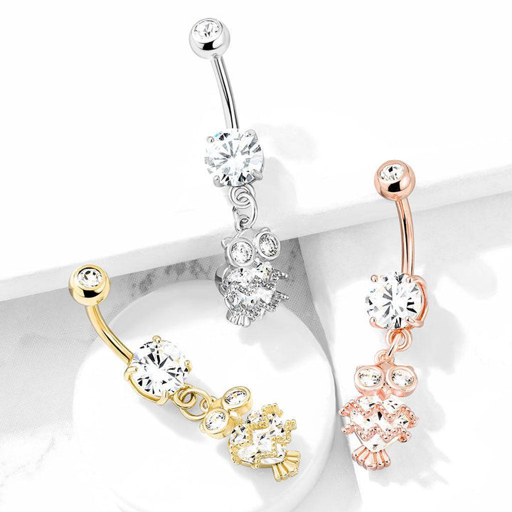 Cute Small CZ Dangle Owl Rose Gold PVD Surgical Steel Belly Ring - Pierced Universe