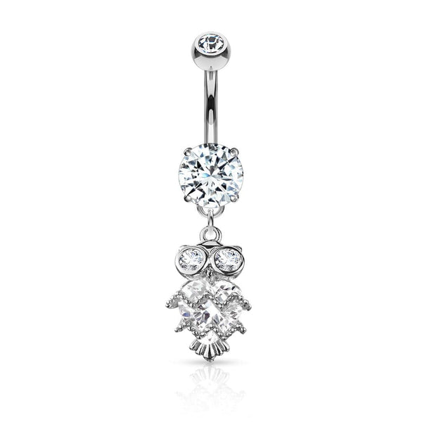 Cute Small CZ Dangle Owl Surgical Steel Belly Ring - Pierced Universe