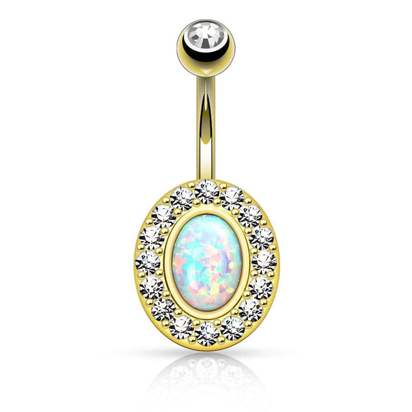 Elegant Oval Blue Opal Non Dangling Gold Plated Surgical Steel Belly Ring - Pierced Universe