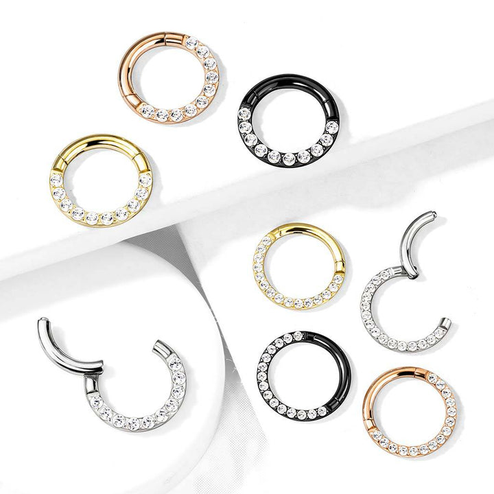 Gold Plated Surgical Steel Paved CZ Hinged Septum Ring Clicker - Pierced Universe