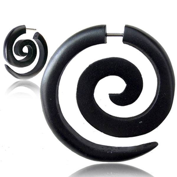 Hand Carved Black Narra Wood Tribal Fake Super Ear Spiral - Pierced Universe