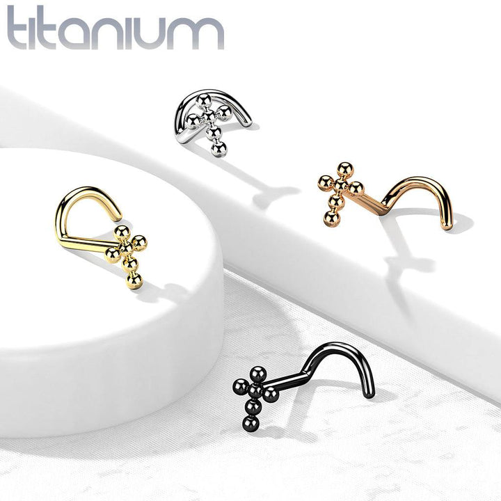 Implant Grade Titanium Black PVD Corkscrew Beaded Cross Nose Stud Ring - Pierced Universe