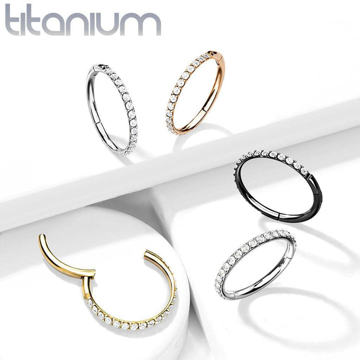 Implant Grade Titanium Black PVD Easy Hinged White CZ Pave Clicker Hoop - Pierced Universe