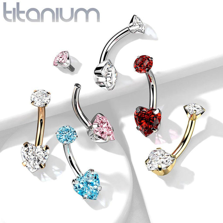 Implant Grade Titanium Gold PVD Internally Threaded White Heart CZ Belly Ring - Pierced Universe