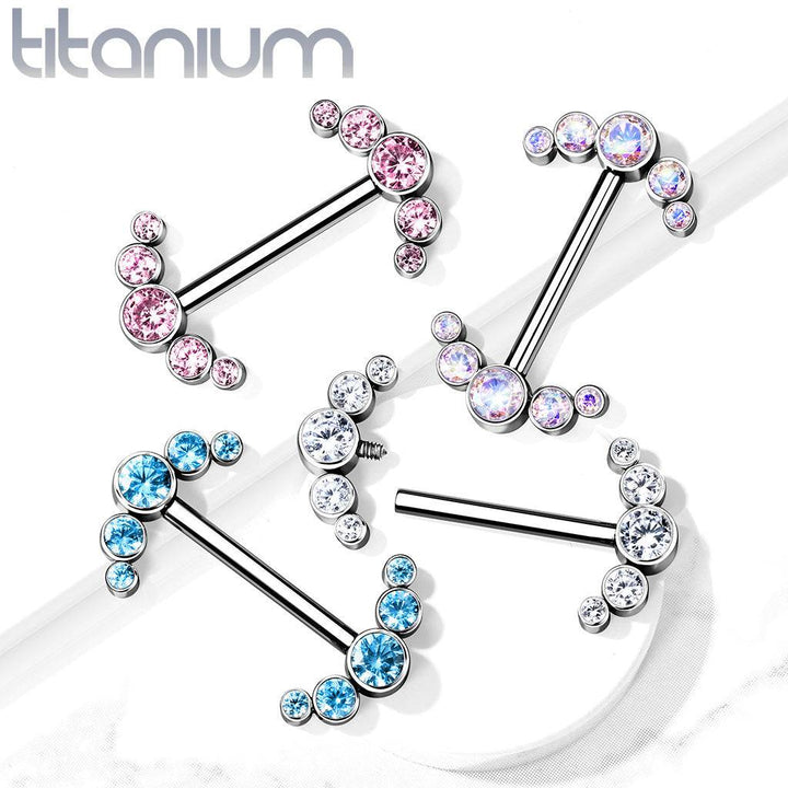 Implant Grade Titanium Internally Threaded Aurora Borealis 5 Bezel CZ Gem Nipple Ring - Pierced Universe