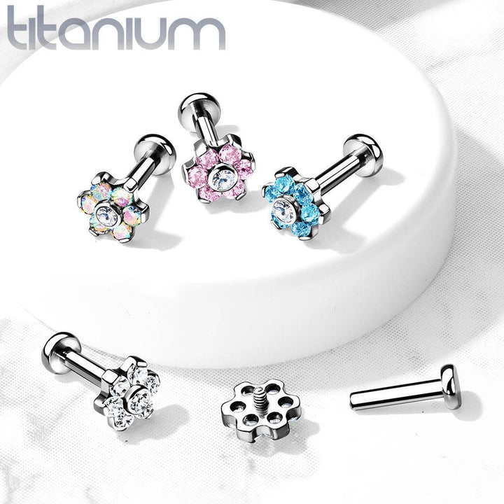 Implant Grade Titanium Internally Threaded Aurora Borealis CZ Flower Flat Back - Pierced Universe