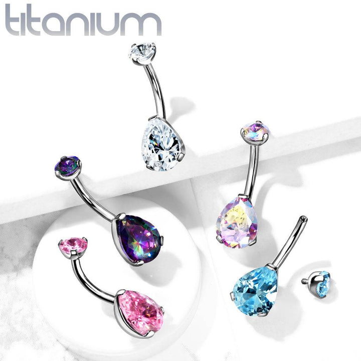 Implant Grade Titanium Internally Threaded Pear Tear Drop White CZ Belly Ring - Pierced Universe