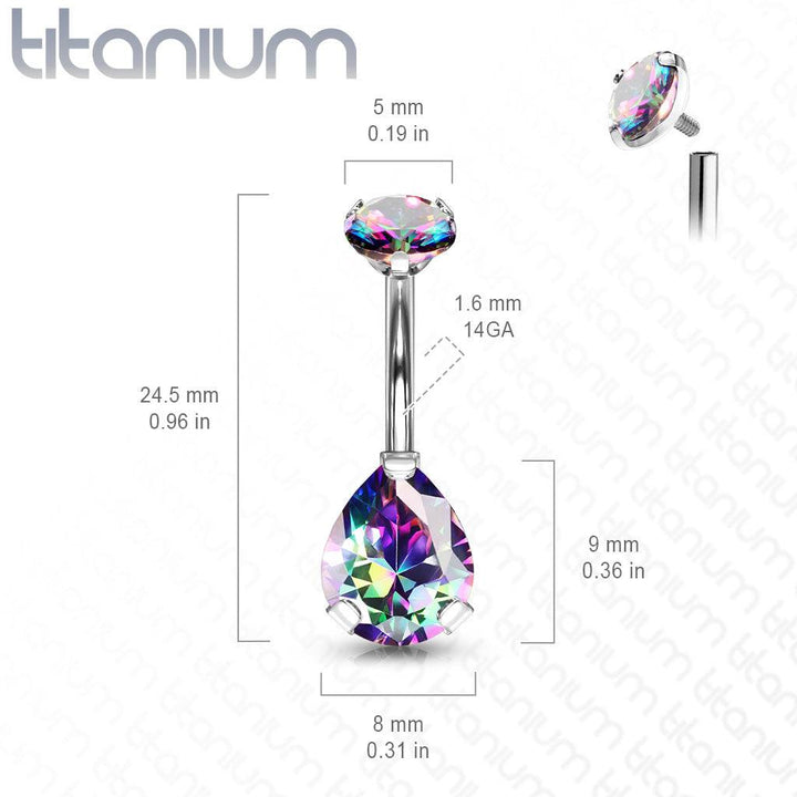 Implant Grade Titanium Internally Threaded Pear Tear Drop White CZ Belly Ring - Pierced Universe