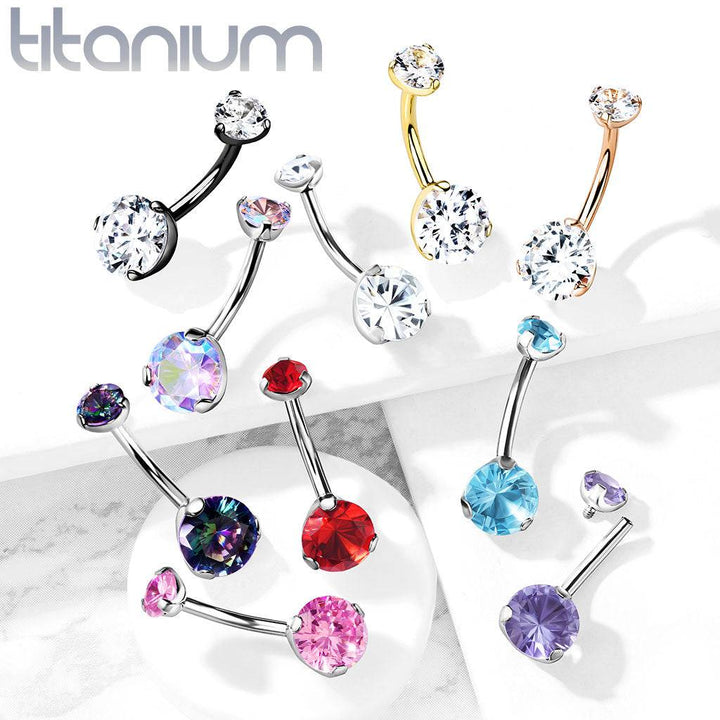 Implant Grade Titanium Internally Threaded Pink CZ Prong Belly Button Navel Ring - Pierced Universe