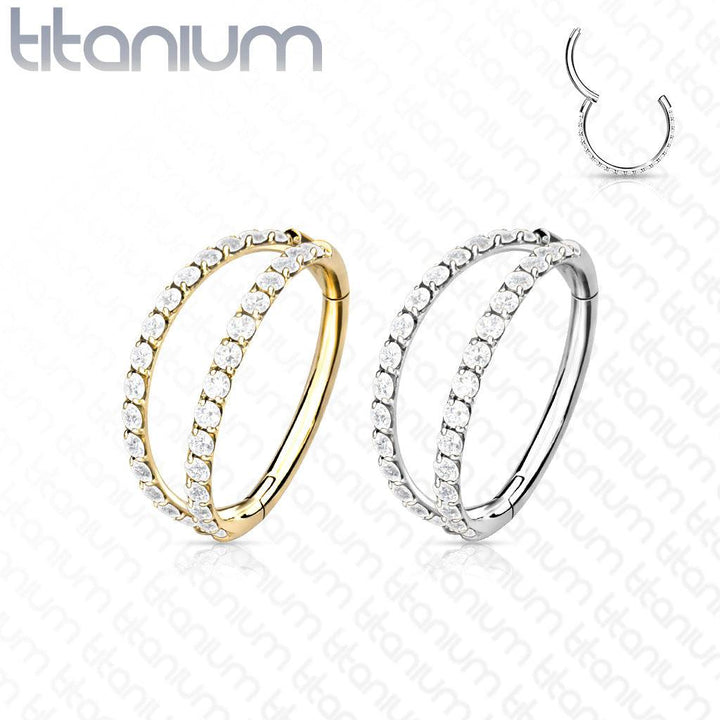Implant Grade Titanium Pave White CZ Double Hoop Hinged Hoop Ring Clicker - Pierced Universe