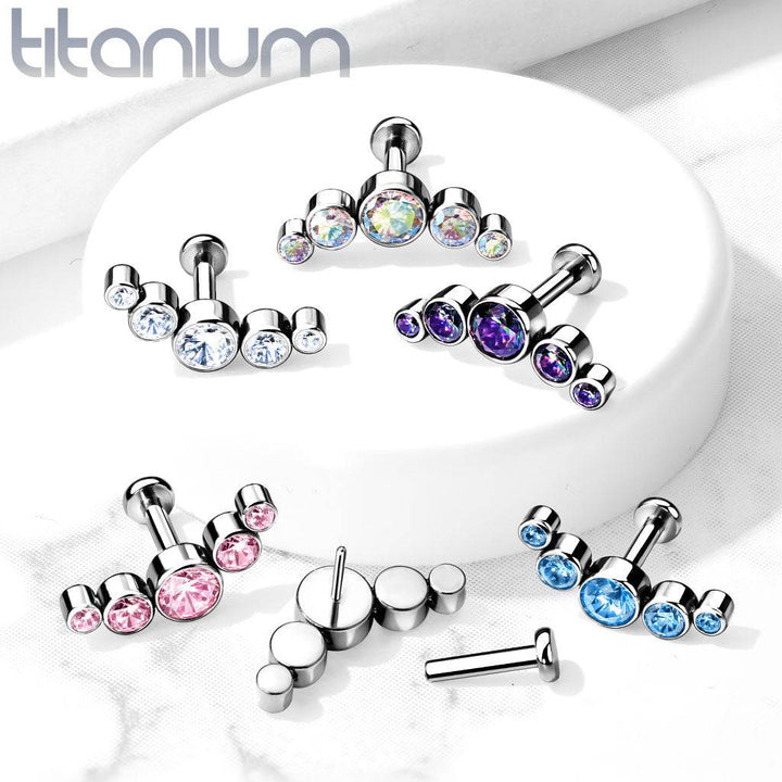 Implant Grade Titanium Threadless Push In Cartilage 5 Gem Curved White CZ Gems With Flat Back - Pierced Universe