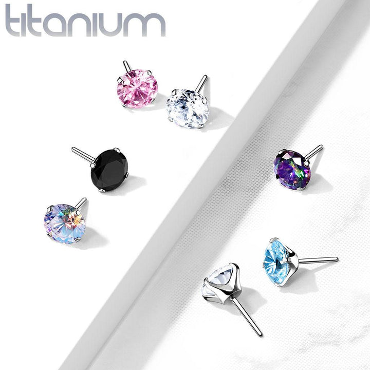 Implant Grade Titanium Threadless Push In Flat Back Aurora Borealis Prong CZ Nose Ring Stud - Pierced Universe