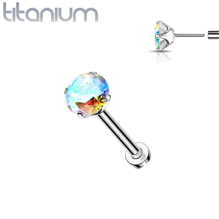 Implant Grade Titanium Threadless Push In Flat Back Aurora Borealis Prong CZ Nose Ring Stud - Pierced Universe