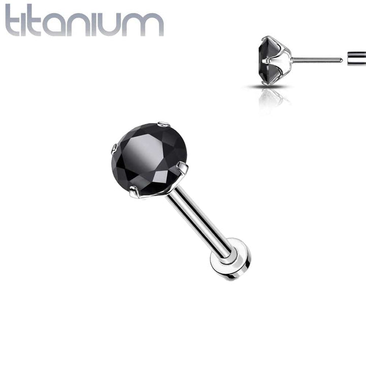 Implant Grade Titanium Threadless Push In Labret Flat Back Black CZ Stud - Pierced Universe