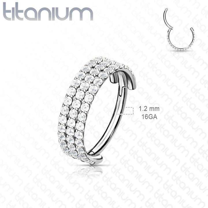 Implant Grade Titanium Triple Row White CZ Pave Hinged Clicker Hoop - Pierced Universe