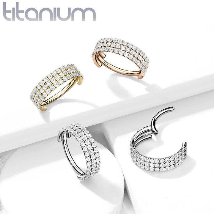 Implant Grade Titanium Triple Row White CZ Pave Hinged Clicker Hoop - Pierced Universe