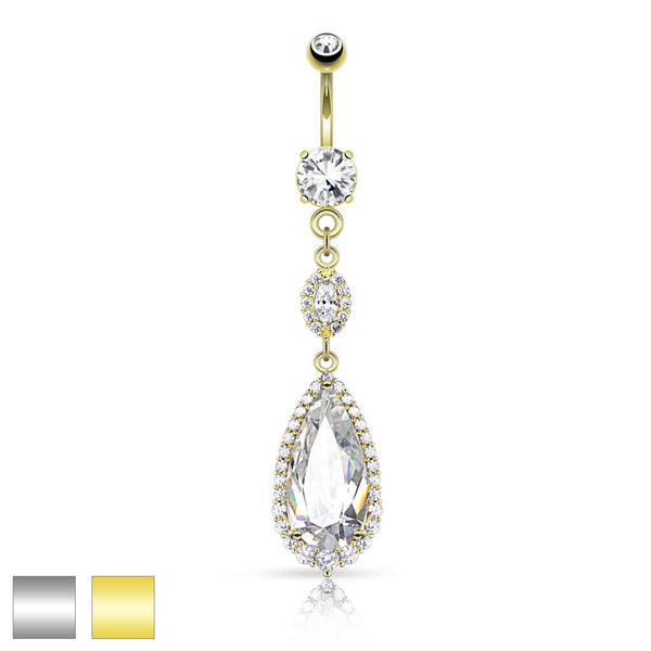 Large White CZ Teardrop Chandelier Dangling Belly Button Navel Ring - Pierced Universe