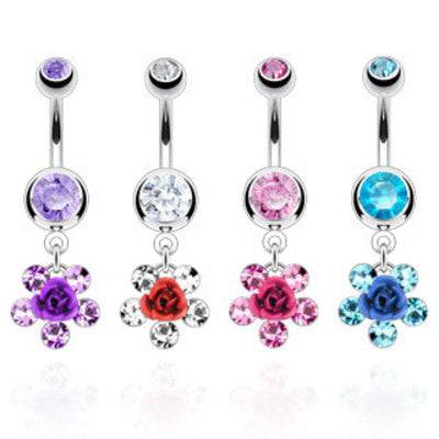 Metal Rose Petal Flower Gem Surgical Steel Belly Button Navel Ring Dangle - Pierced Universe