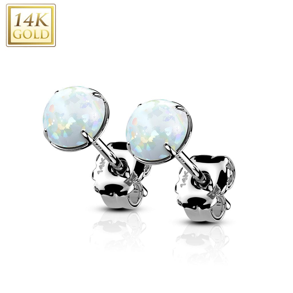 Pair Of 14KT Solid White Gold Circle Round Clawed White Opal Stud Earrings Pair Of 14KT Solid White Gold Circle Round Clawed White Opal Stud Earrings