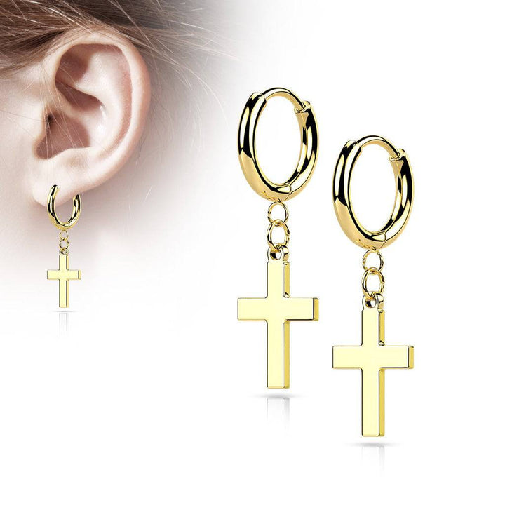 Pair Of 316L Surgical Steel Gold PVD Thin Hoop Earrings With Dangling Cross - Pierced Universe