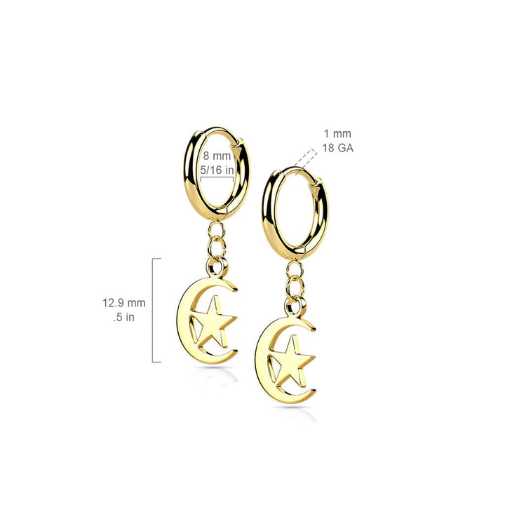 Pair Of 316L Surgical Steel Gold PVD Thin Hoop Earrings With Dangling Moon & Star - Pierced Universe