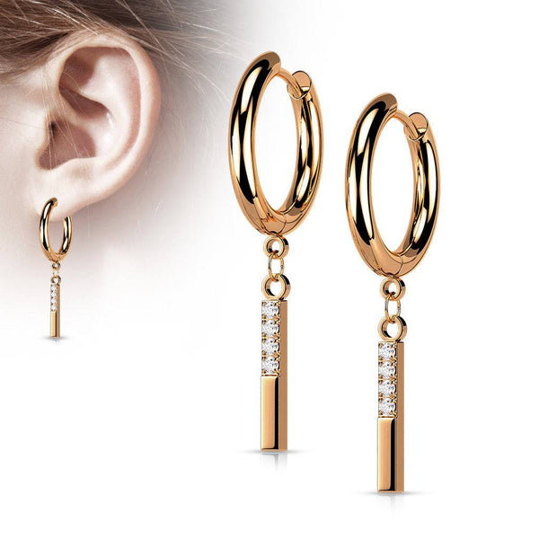 Pair Of 316L Surgical Steel Rose Gold PVD White CZ Simple Line Dangle Hoop Earrings - Pierced Universe
