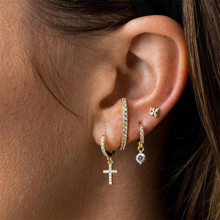 Pair of 925 Sterling Silver Diamond CZ Cross Dangle Minimal Hoops - Pierced Universe