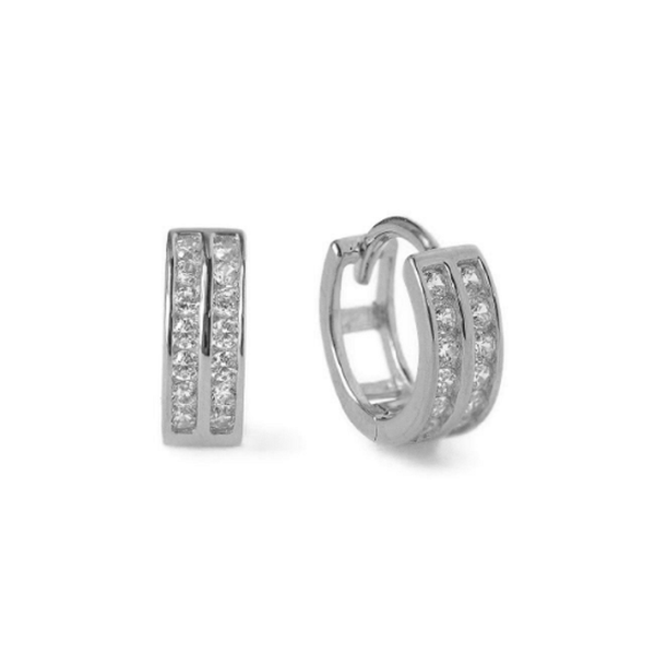 Pair of 925 Sterling Silver Double Row White CZ Minimal Hinged Huggy Hoop Earrings - Pierced Universe