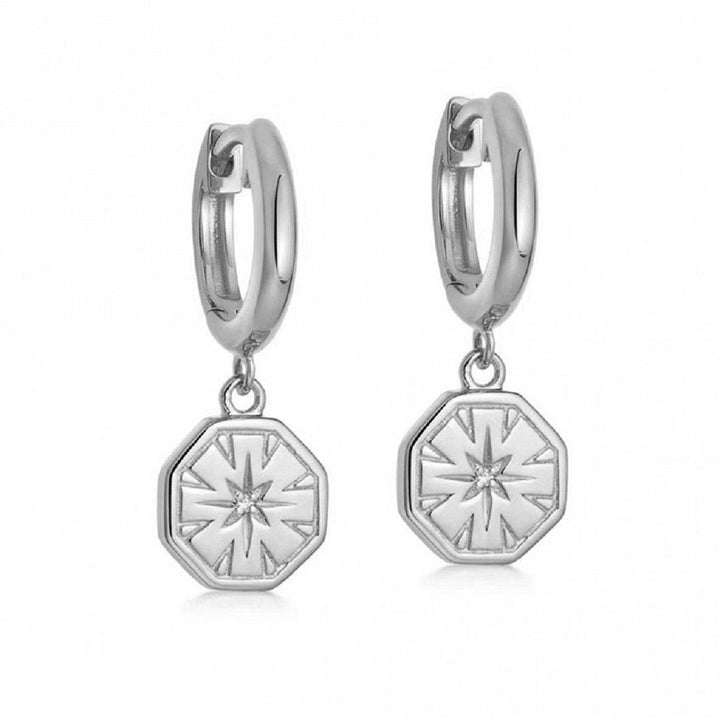 Pair of 925 Sterling Silver Starburst Dangle Minimal Hoop Earrings - Pierced Universe