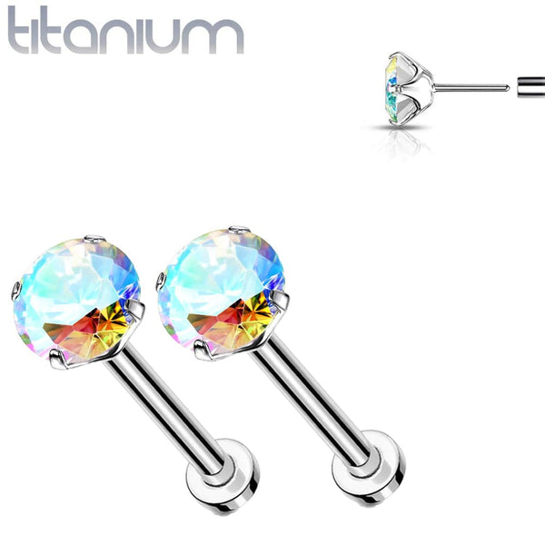 Pair of Implant Grade Titanium Threadless Aurora Borealis CZ Earring Studs with Flat Back - Pierced Universe