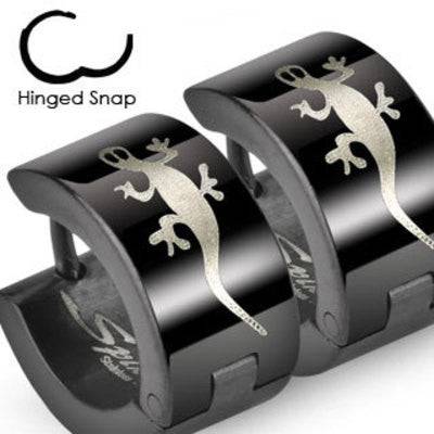 Pair of Surgical Steel Black Hoops with Gecko Lizard Hinged Snap Earrings - Pierced Universe