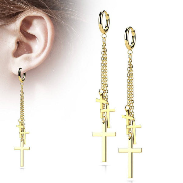 Pair Of Surgical Steel Gold PVD Thin Hoop Earrings With Dangling Chains & Crosses - Pierced Universe