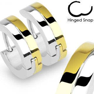 Pair of Two Tone Gold Plated Stainless Steel Hinged Snap On Hoop Earrings Pair of Two Tone Gold Plated Stainless Steel Hinged Snap On Hoop Earrings