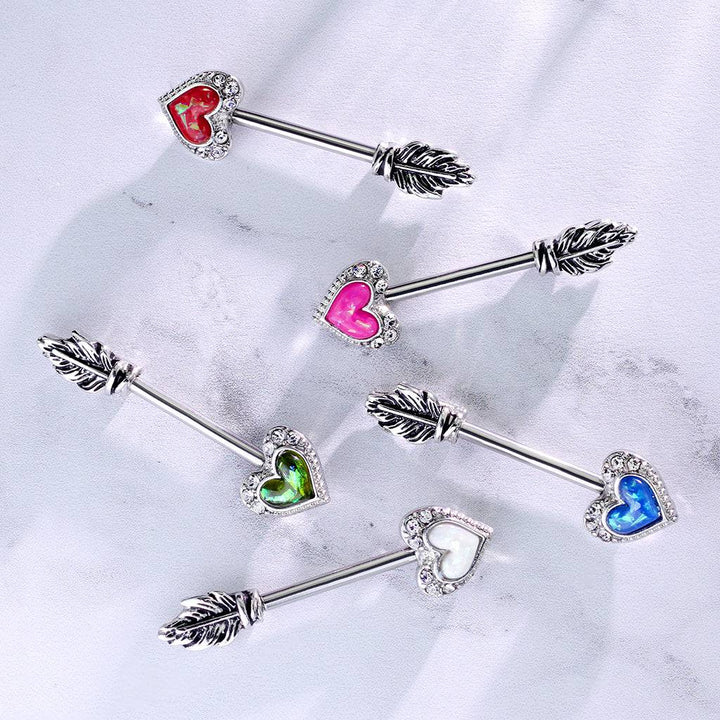 Pink Opal Heart & Feather Arrow Surgical Steel Nipple Ring Barbell - Pierced Universe