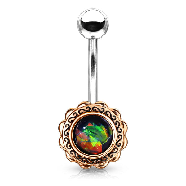 Rose Gold Filigree Dark Green Opal Belly Button Ring - Pierced Universe