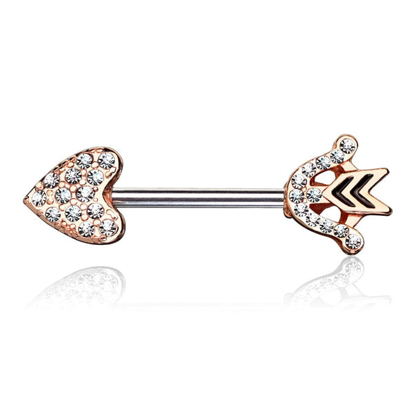 Rose Gold Plated Heart & Arrow CZ Nipple Ring Barbell - Pierced Universe