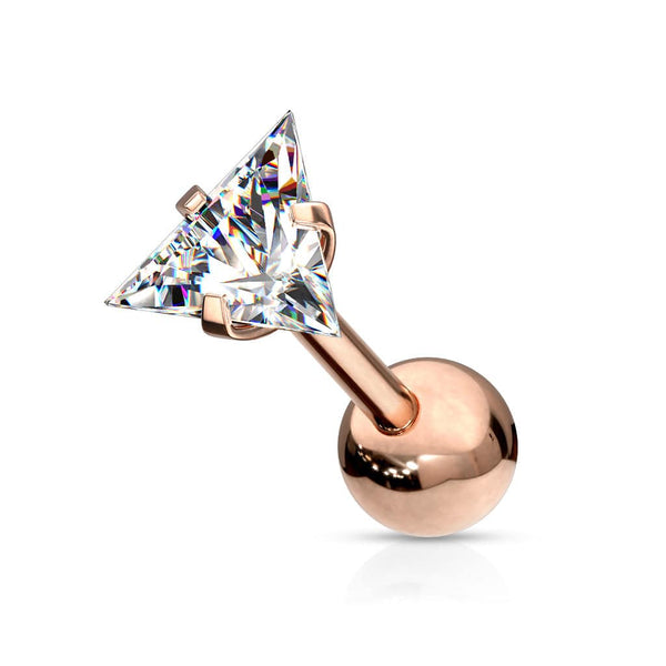 Rose Gold Plated Surgical Steel Ball Back Prong White Triangle CZ Cartilage Ring Stud - Pierced Universe