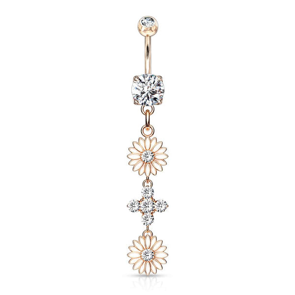 Rose Gold Plated Surgical Steel Double CZ Flower Dangling Belly Button Ring - Pierced Universe
