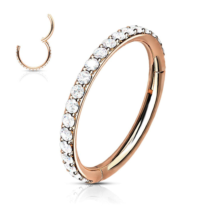 Rose Gold Plated Surgical Steel Easy Hinged CZ Pave Clicker Hoop - Pierced Universe