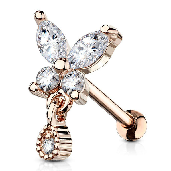 Rose Gold Plated Surgical Steel White CZ Butterfly w. Teardrop Dangle Helix Barbell - Pierced Universe