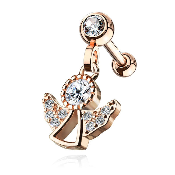 Rose Gold Plated Surgical Steel White CZ Dangling Angel Cartilage Ring - Pierced Universe