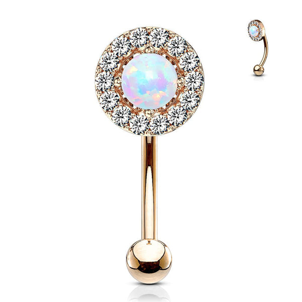 Rose Gold Plated Surgical Steel White CZ Gem Cluster & White Opal Curved Barbell - Pierced Universe