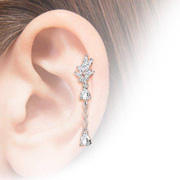 Rose Gold Plated Surgical Steel White CZ Leaf Dangling Teardrop Cartilage Ring - Pierced Universe
