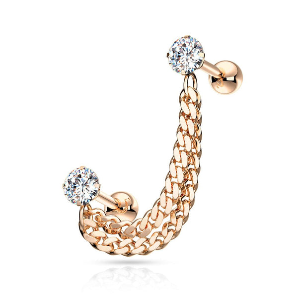 Rose Gold PVD Surgical Steel Double Chain Link Ball Back CZ Barbell Studs - Pierced Universe